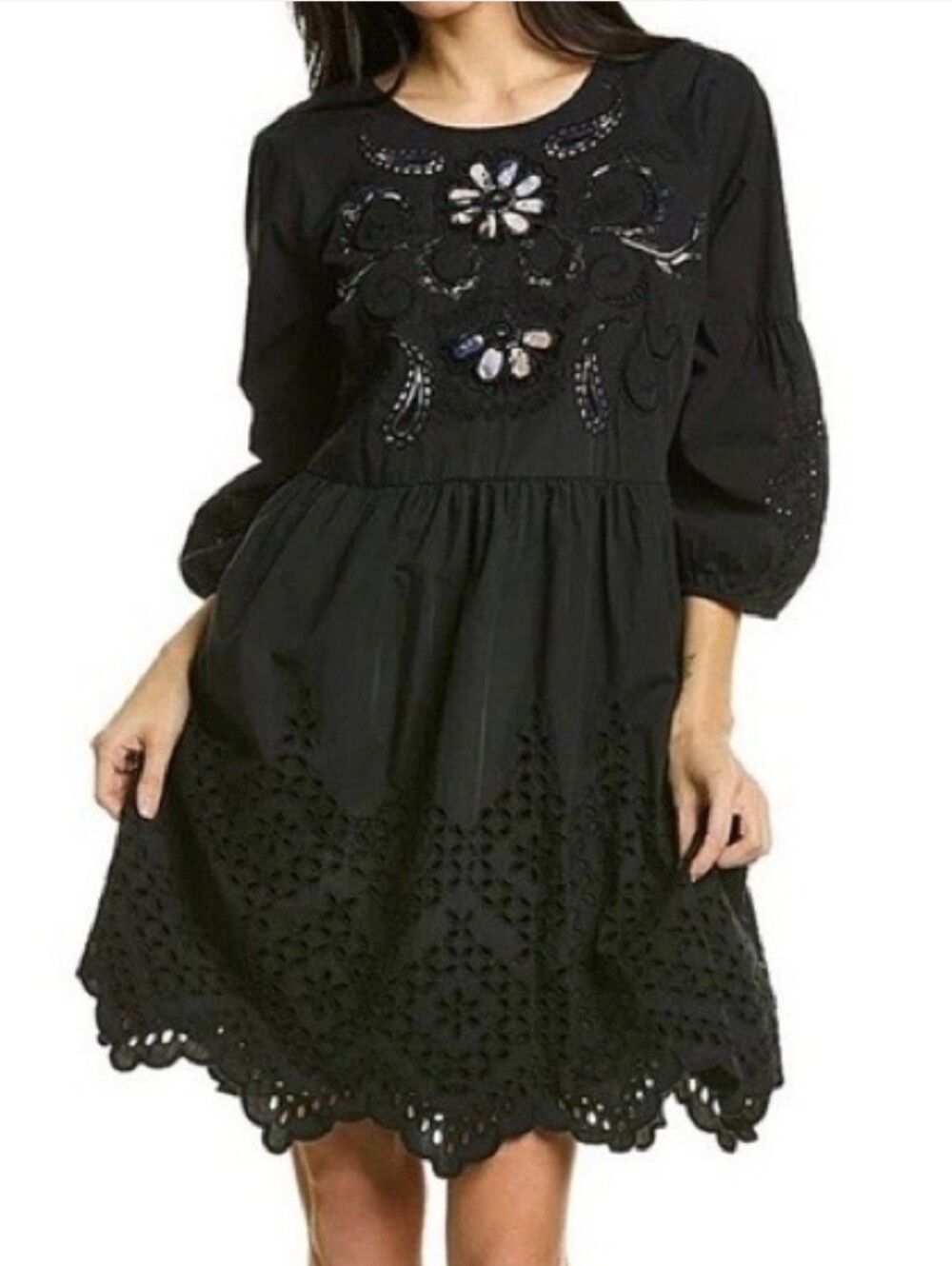 Johnny Was Merla Embroidered Eyelet Floral 3/4 Sleeve Scalloped Hem Dress Sz XS